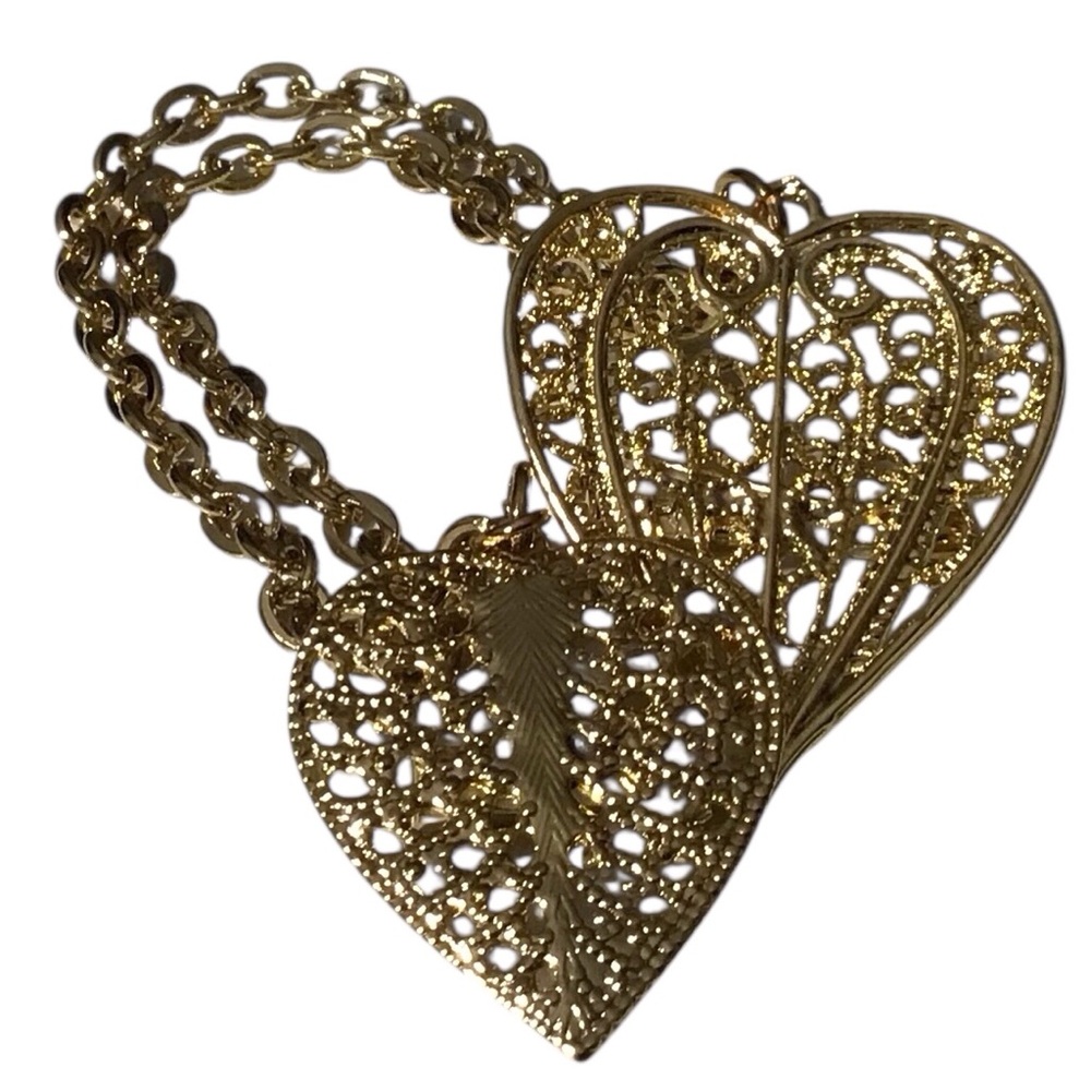 Double Heart Brooch Gold Tone Chain Filigree Blazers Lapel Costume Jewelry Vtg - Picture 11 of 11